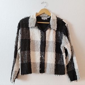Vintage Fringe Tassel 90s Black White Checkerboard Western Grunge Button Jacket